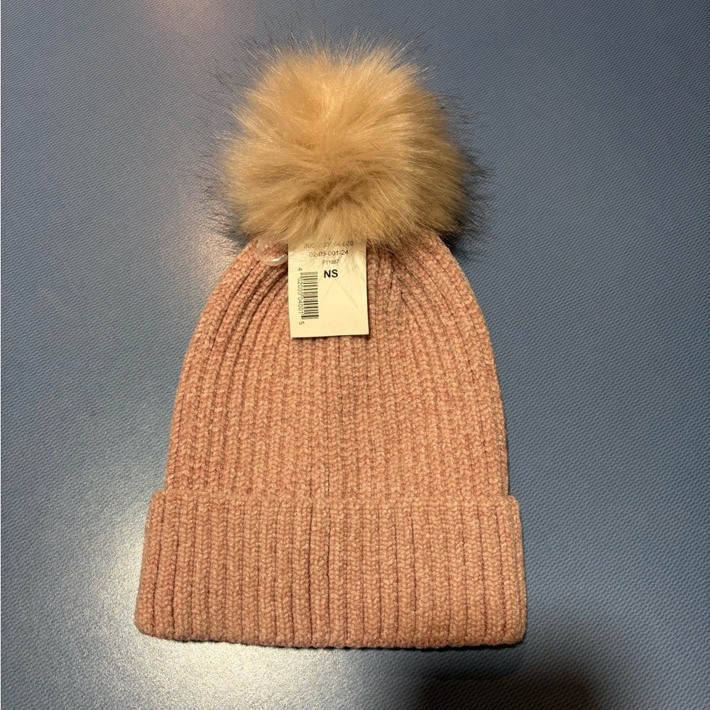 Pink Knit Beanie with Faux Fur Pom